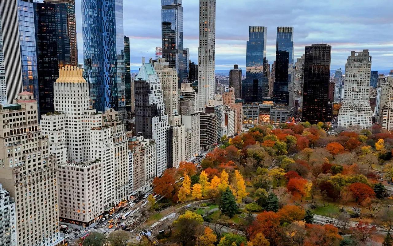 Central Park à New York, canopée d'automne cernée par les gratte-ciel